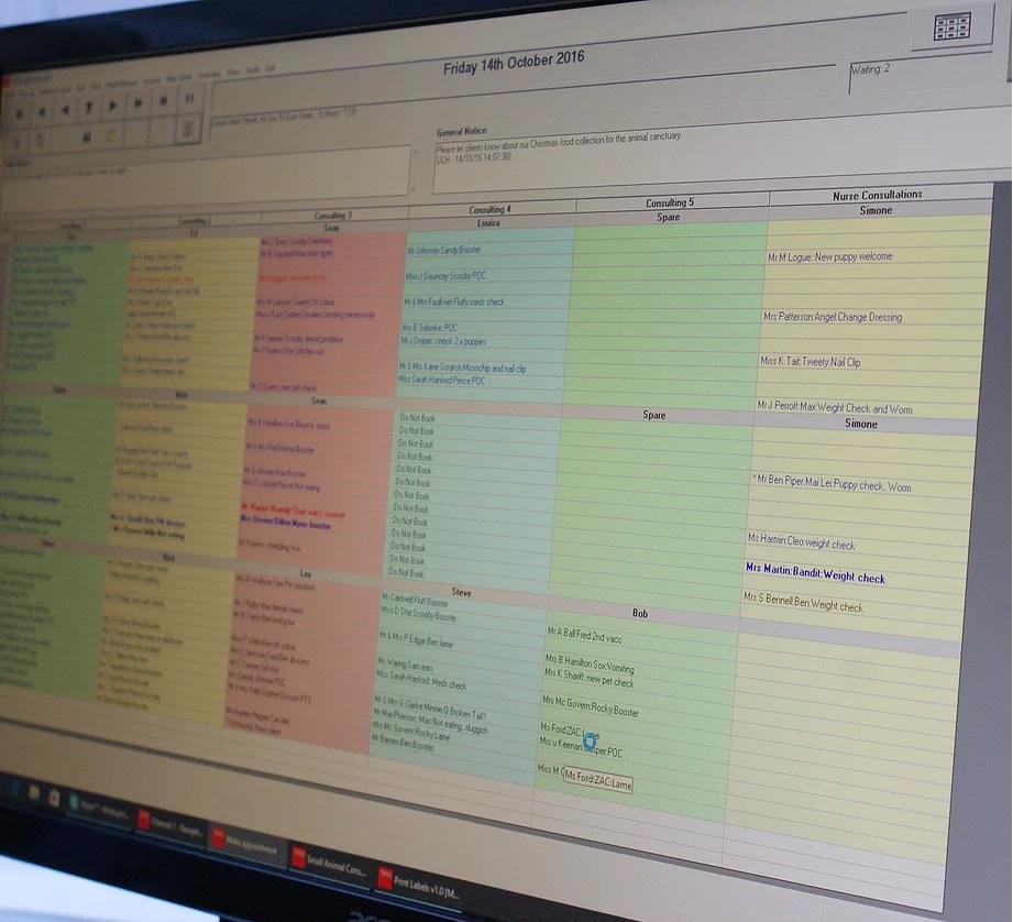 Our appointment diary showing consulting room schedules